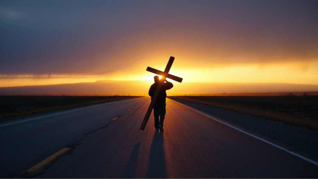 Cristao orando sozinho no deserto encontrando fe e forca em Deus nos momentos em que tudo parece perdido