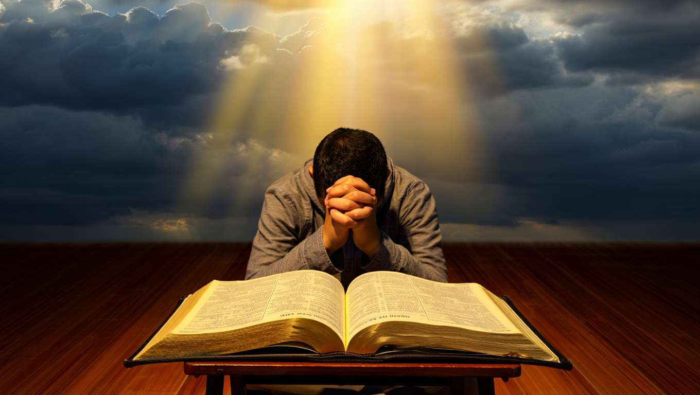 Pessoa ajoelhada em oração diante de uma paisagem iluminada, transmitindo fé e esperança em Deus quando tudo parece perdido